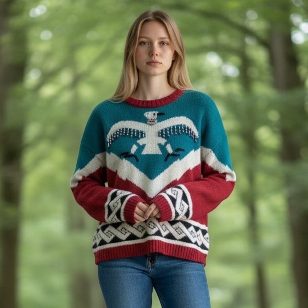 Vtg Carole Little Saint-Tropez West Eagle Beaded Southwestern Angora Sweater M